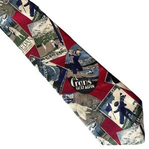 Bugatti Silk Tie Vintage Golf Postcard Print Red Italian Silk Men Necktie Alpin